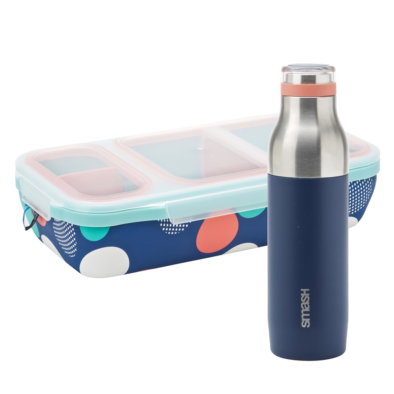 Bento Switch Up lunch box with Bottle. Leakproof with adjustable dividers and 16.9 fl oz Bottle. BPA free, dishwasher safe. Durable, food grade stainless steel. Color/print Misty.